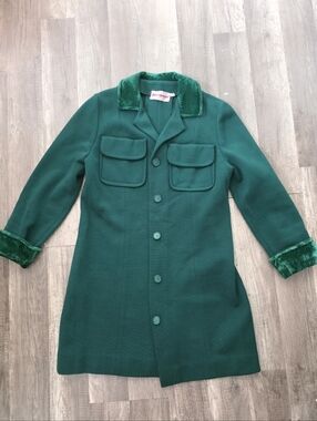 Vintage 1970s Gino Paoli Bottega Veneta Emerald Green Coat Jacket Velvet Trim
